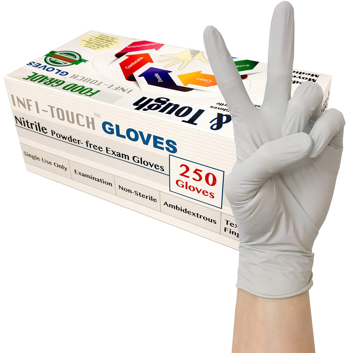 Infi-Touch - (250 Count) Food Safe -  Lite Duty Nitrile Gloves Lite & Tough Disposable Gloves (Medium)